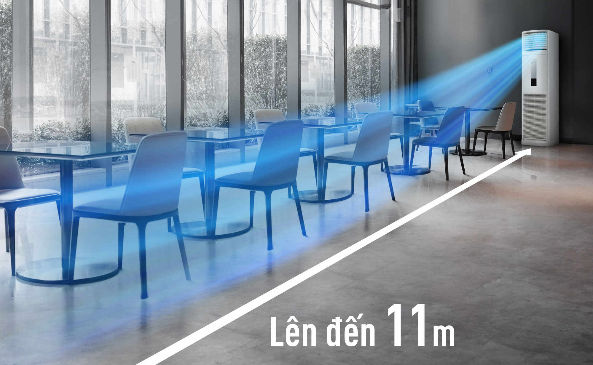 Điều hòa tủ đứng thổi luồng khí mát xa đến 11 m trong không gian phòng ăn rộng rãi